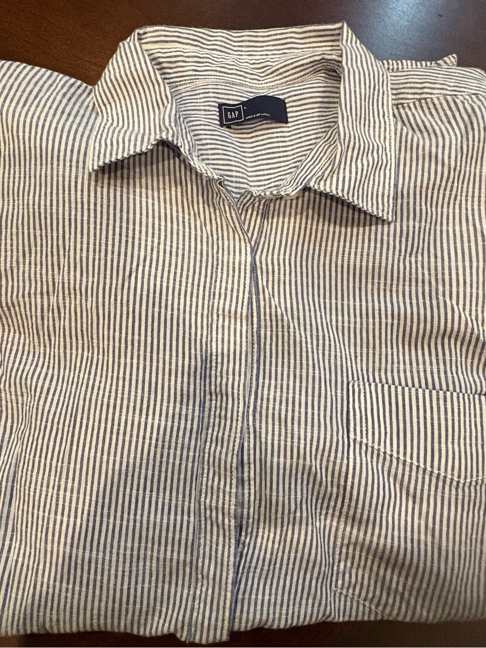 GAP Women’s Navy and White Striped Button-Down Shirt
